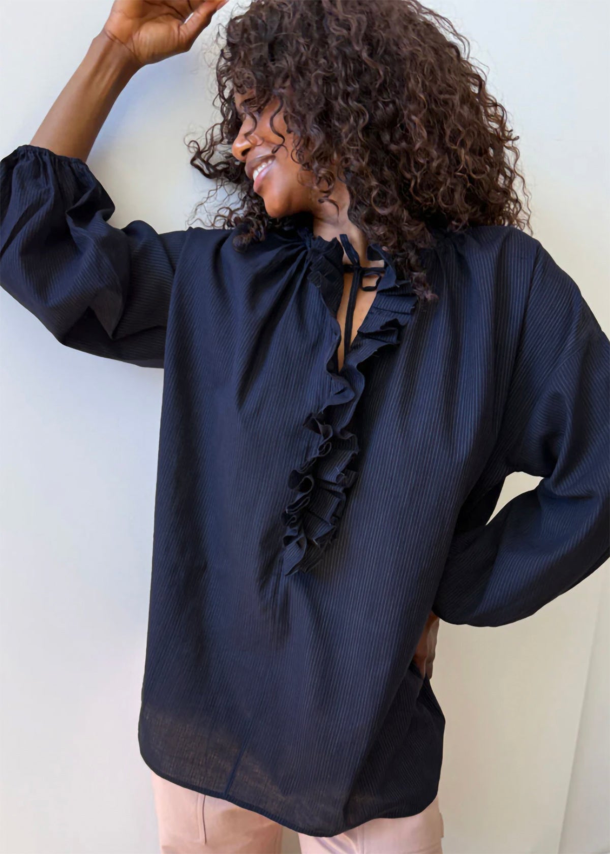 Ruffle Shirt - Navy Pinstripe by Two