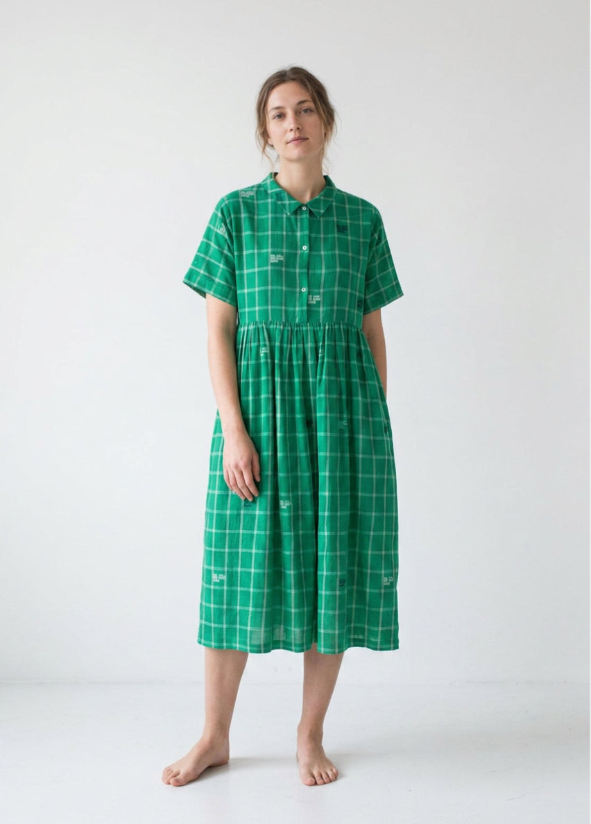 Dora Check Jamdani Dress - Mint