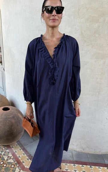 Ruffle Caftan - Navy Pinstripe by Two