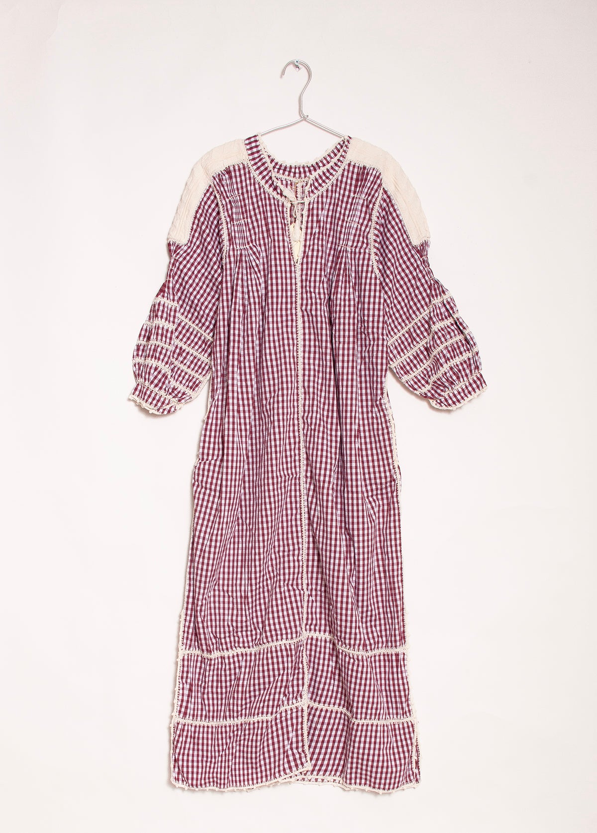 Sirena Dress Long Sleeves Gingham - Burgundy White Shoulders