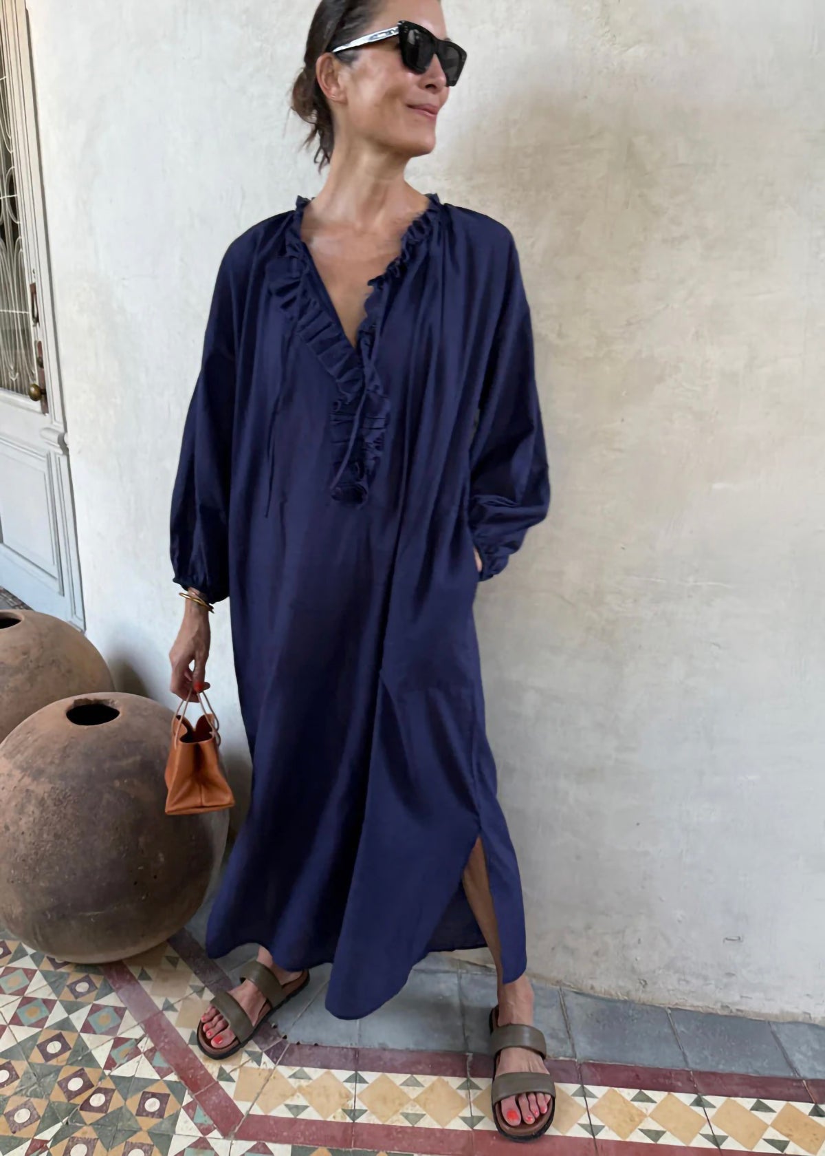 Ruffle Caftan - Navy Pinstripe by Two