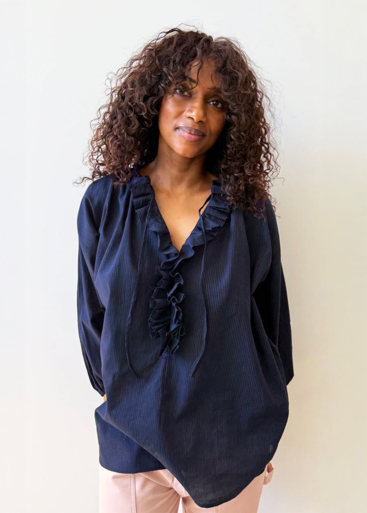 Ruffle Shirt - Navy Pinstripe by Two