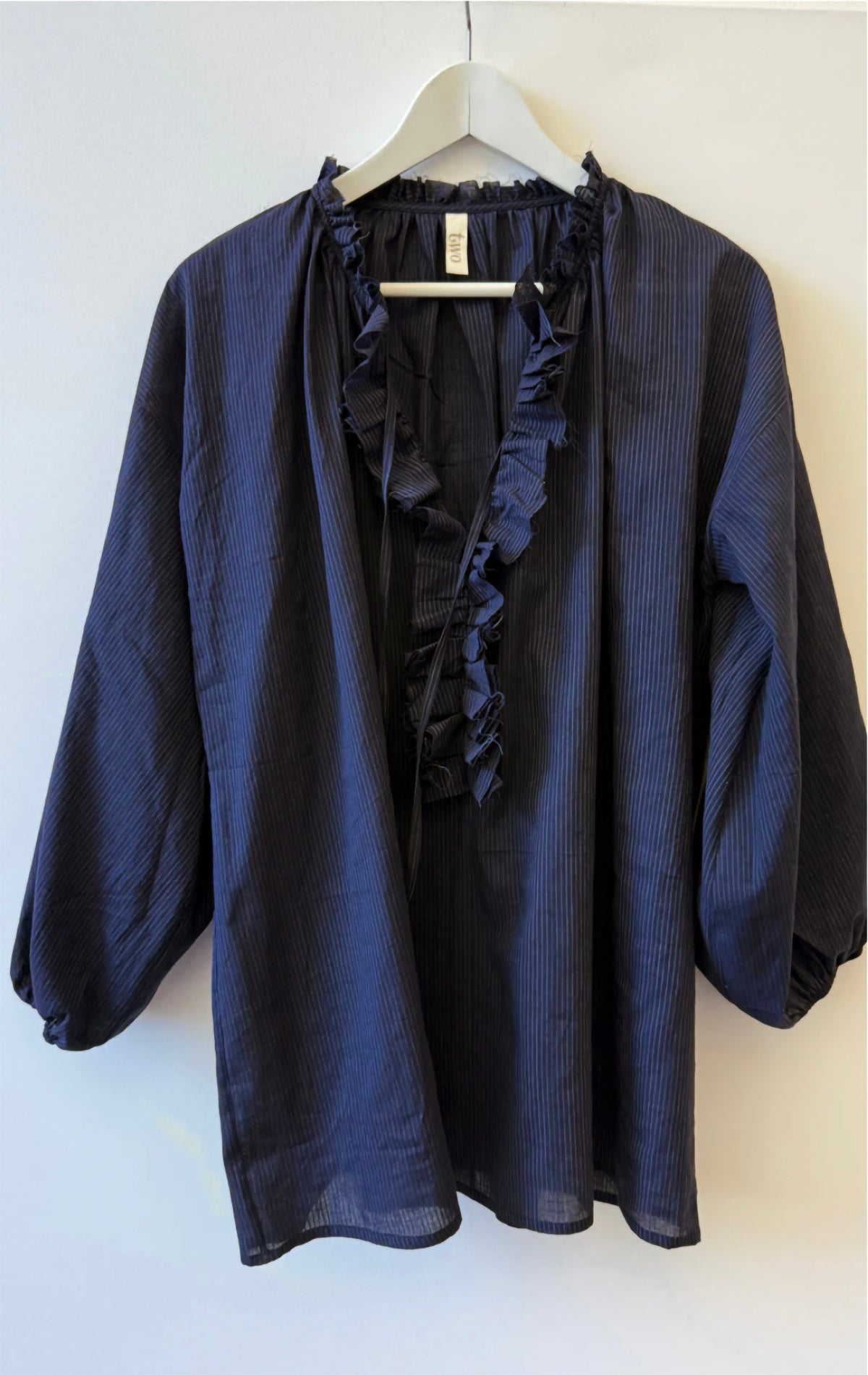 Ruffle Shirt - Navy Pinstripe by Two